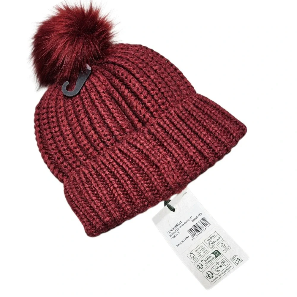 Barbour NWT Saltburn Beanie Hat Womens OS‎ Red Ribbed Knit Faux Fur Pom Winter